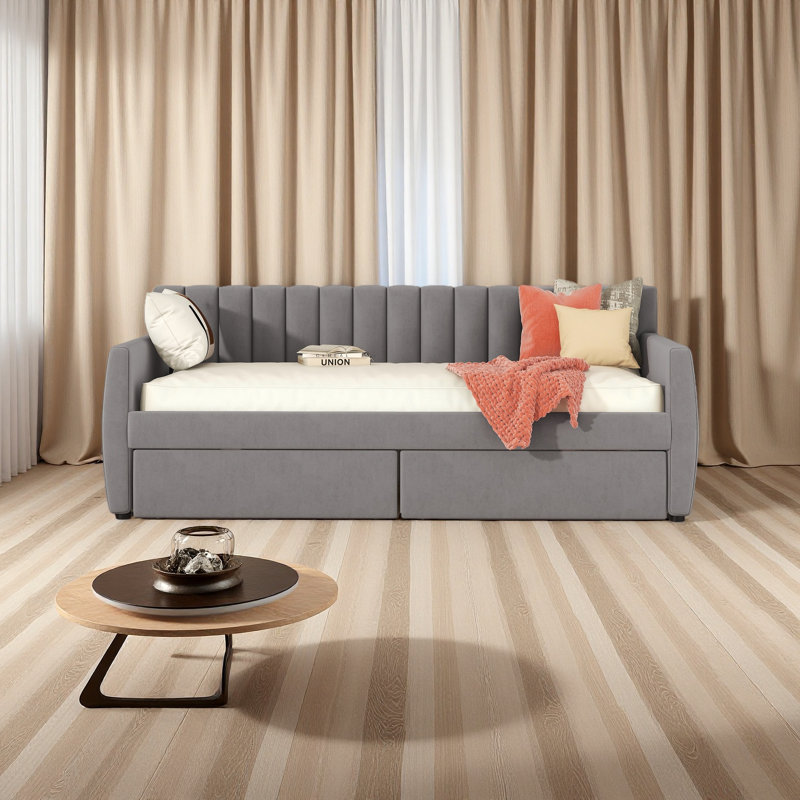 Twin Size Upholstered Daybed With Drawers, Wood Slat Support,, Gray