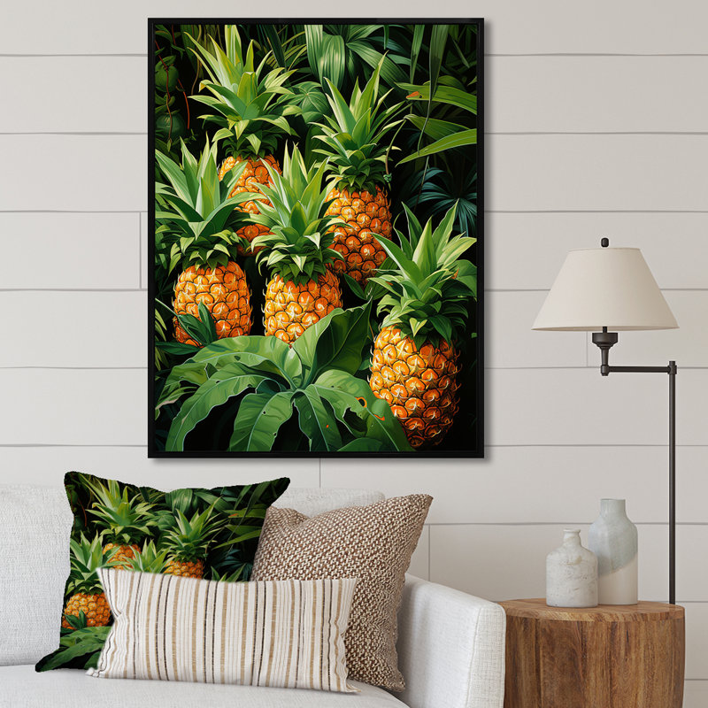 Tapisserie «Jungle Green Pineapple Tropicana» - Ananas, art mural, Cadre flottant noir, 44" H x 34" W
