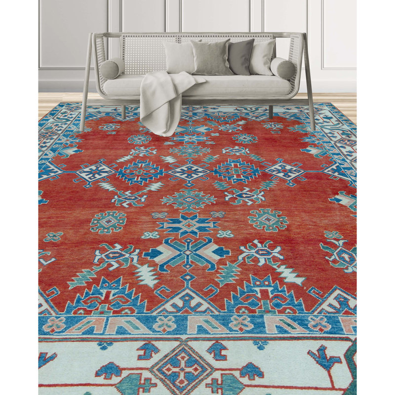 Wool Oriental Area Rug in Rust/Ivory/Blue, Rectangle 4'2" x 6'2"