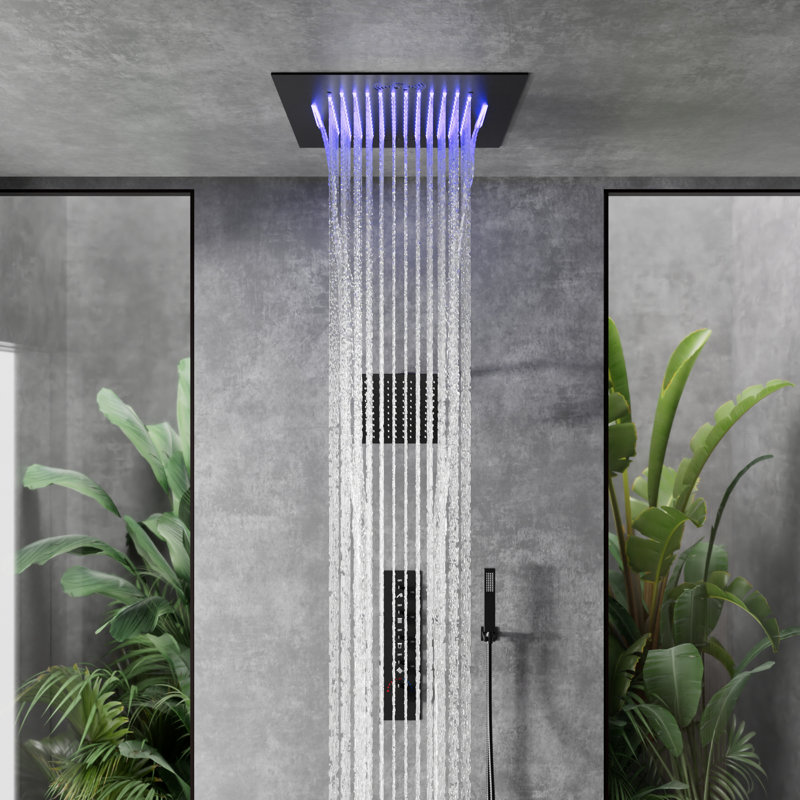 Robinet de douche thermostatique musical, système de douche double 20 po avec éclairage d'ambiance à DEL, Noir mat