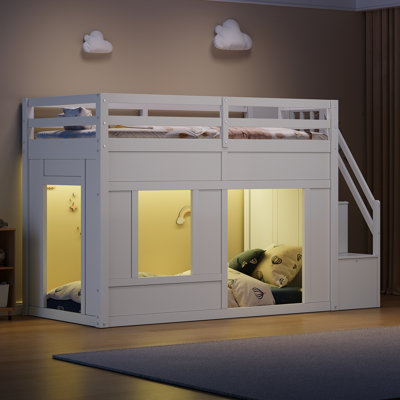 Lit mezzanine bas Lumistep avec escalier de rangement et lumières DEL intégrées