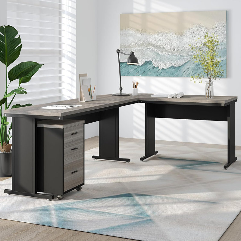 83 Inch L-Shaped Office Desk With 3-Drawer File Cabinet, Gray/Black