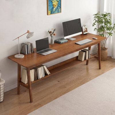 63" Simple Modern Extra Long 2 Person Computer Workstation, Mid Century Long Desk Table with Storage Shelves for Home Office Use