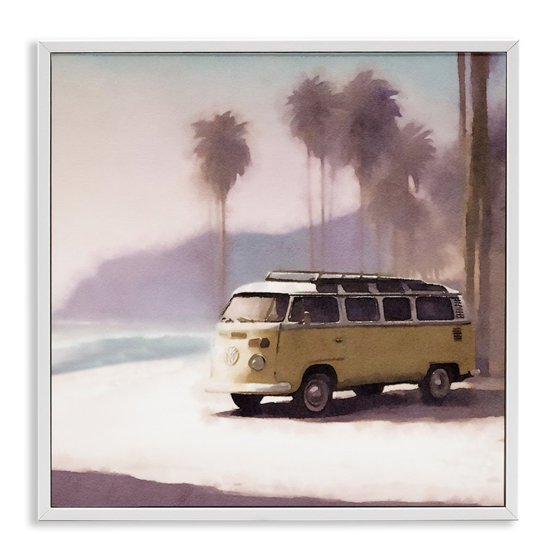 «Yellow Van on Beach», estampe numérique encadrée par Noah Bay, Estampe numérique encadrée blanc bord de mer