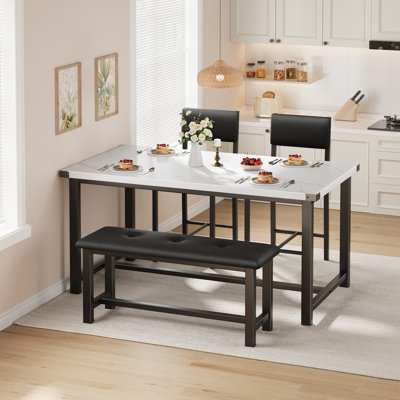 Ensemble de table de salle à manger en bois 4 pièces, table rectangulaire compacte avec banc rembourré et 2 chaises pour petit appartement Farmhouse