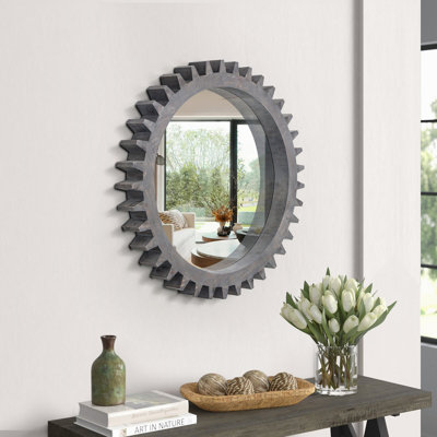 Vintage 17'' X 17'' Wood Round Hanging Gear Shape Decorative Mirror Patchwork Effect With Large-Size Mirrors Individually On Art Walls,Sold Individually