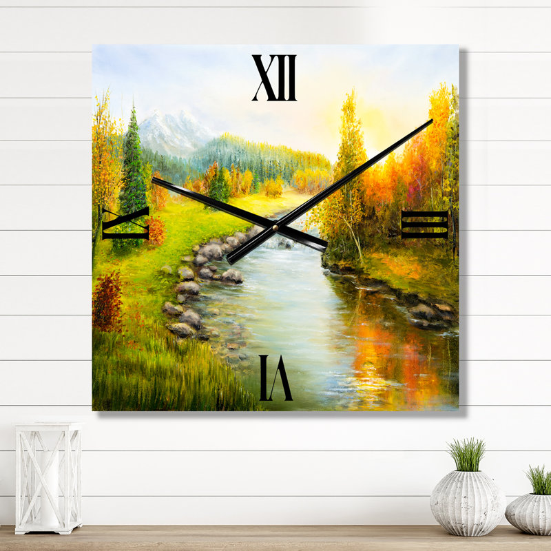 Horloge murale paysage d'automne avec montagnes et rivière, Petit