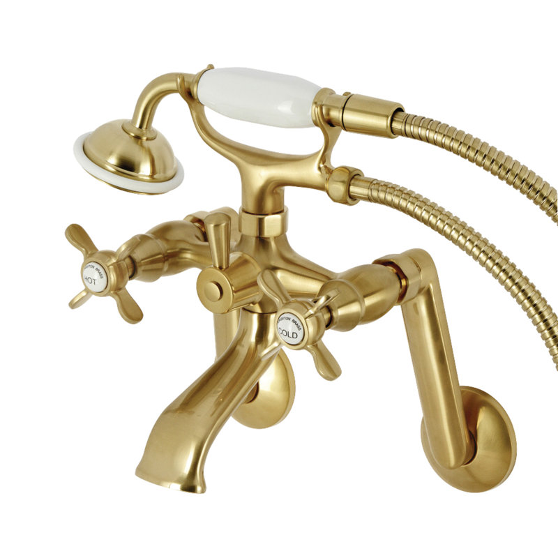 Kingston Brass Kingston Three-Handle 2-Hole Tub Wall Mount Clawfoot Tub Faucet with Hand Shower, Brushed Brass