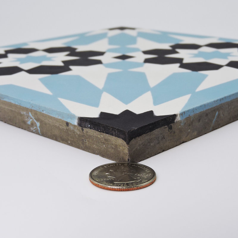 Agdal 8" x 8" Cement Patterned Wall & Floor Tile, Black/Sky Blue