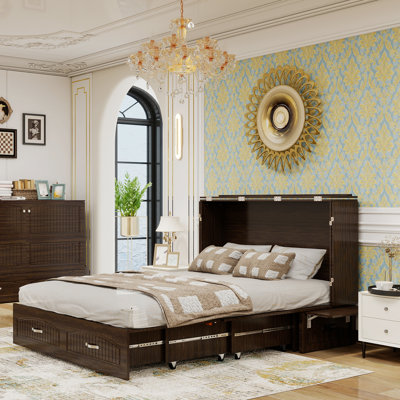 Grand lit escamotable avec tiroirs, lit escamotable avec matelas en mousse à mémoire de forme pliable, brun