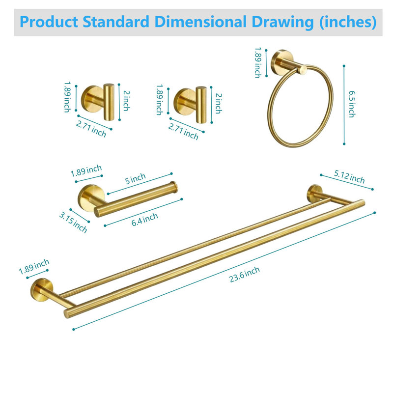 5 Piece Bathroom Towel Rack Set Wall Mount, Brushed Gold
