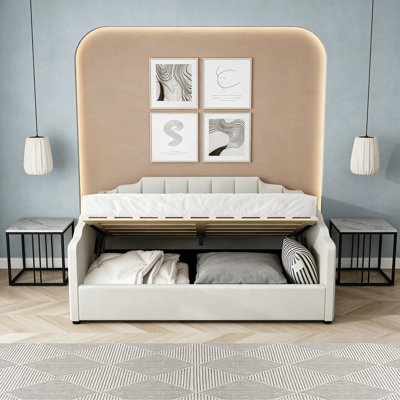 Full Size Upholstered Daybed With Underneath Storage - Beige Fabric, Space-Saving Design, Sofa Bed Function