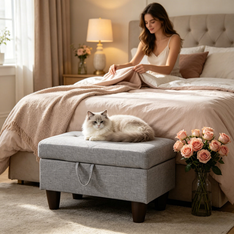Tufted Upholstered Linen Storage Ottoman with Hidden Compartment, Gray Linen Blend