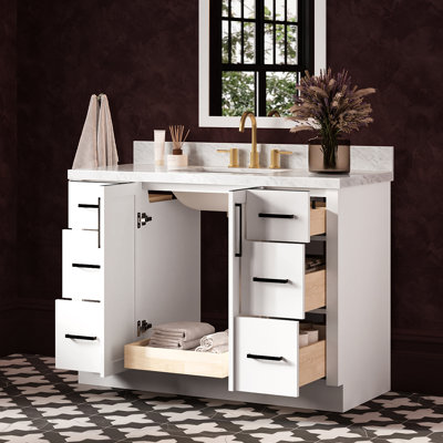 Meuble-lavabo rectangulaire simple de 124,5 cm (49 pouces) avec comptoir en marbre blanc de Carrare de 3,8 cm (1,5 pouce) d'épaisseur.