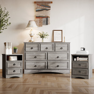 House of Hampton® 3 Piece Bedroom Dresser Set - 7 Drawer Dresser And Two 2 Drawer Nightstands,Grey Wash