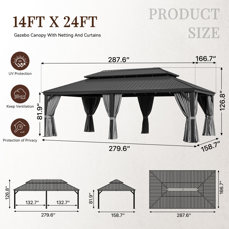 24 pi L 14 pi. D Métal avec toit guide d'eau, pavillon de jardin en aluminium 4,7 pouces