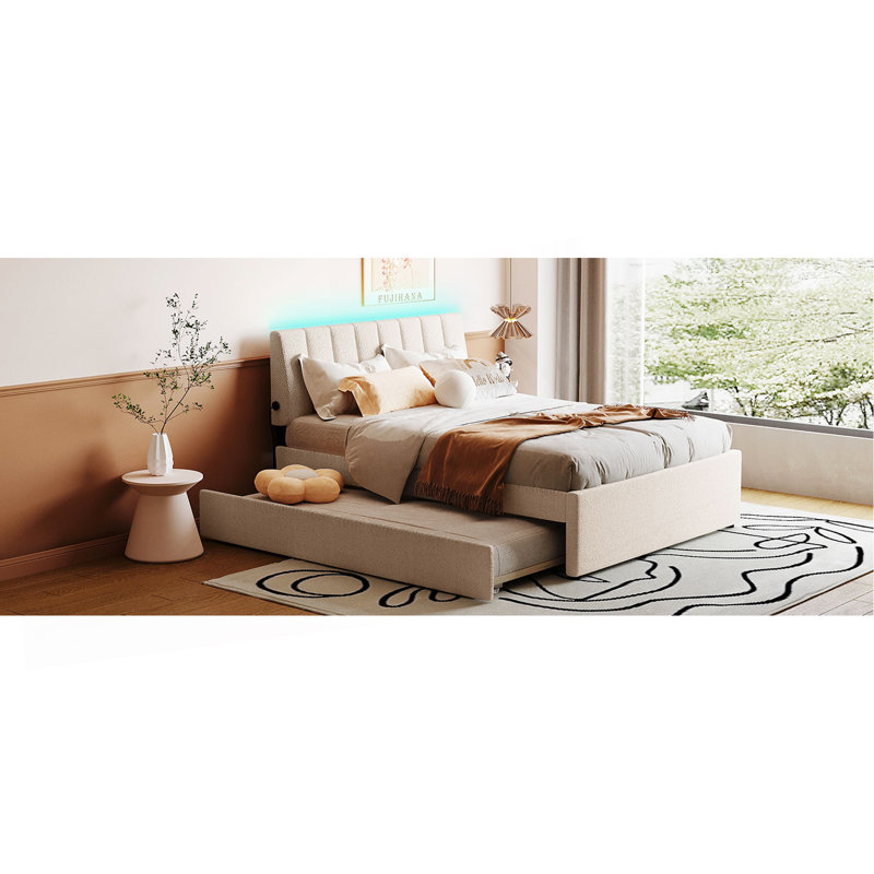 Lit plateforme tapissier avec lit gigogne double Teddy, Beige, Double
