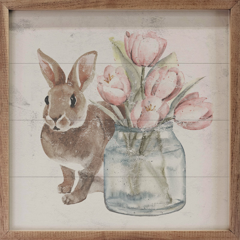 Lapin brun et pot de tulipes, H 4 po x l 4 po x P 1 po