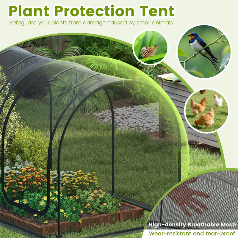 Tunnel Crop Cage Plant Protection Tent W/ Zippered Doors 274 X 121 X 121 Cm, 121cm H x 274cm W x 121cm D