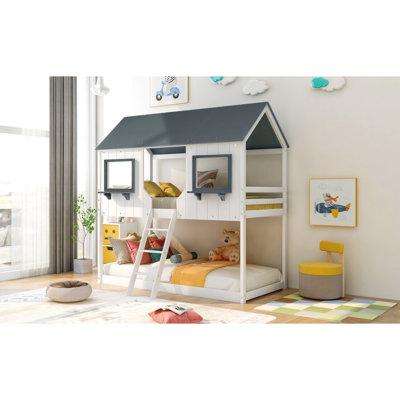 Lit superposé simple au-dessus d'un lit simple en bois avec toit, fenêtre, garde-corps et échelle (blanc) (ancien SKU: LT000045AAK)