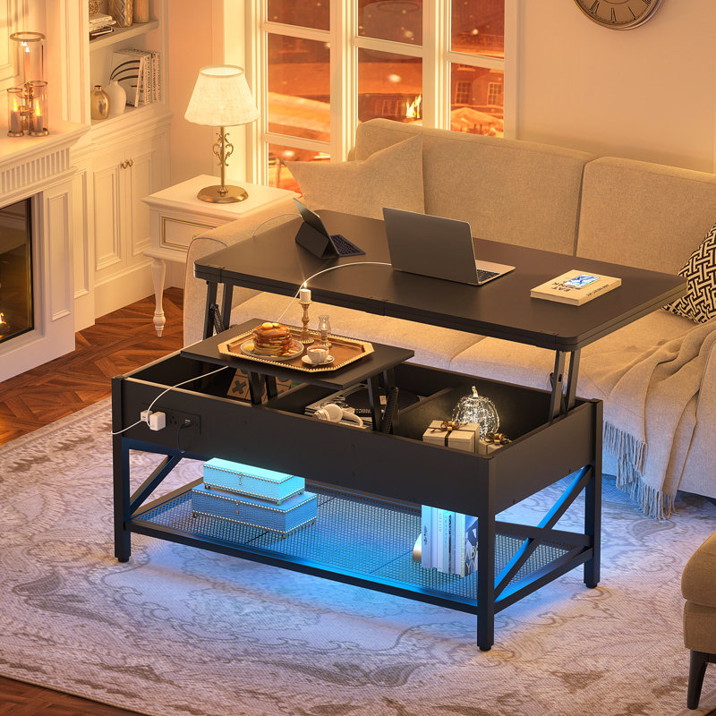 Kristien Lift Top Coffee Table with LED strip,End Table with 2 -Tier Storage shelves for Living Room