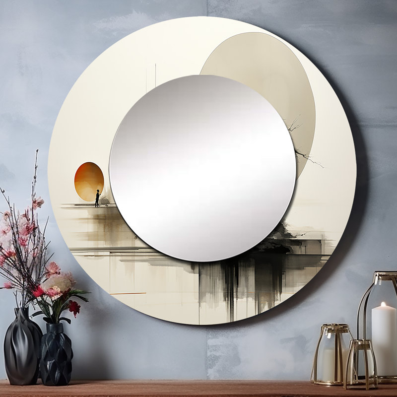 Asian Art Sumie Zen I - miroir mural art asiatique, miroir décoratif rond jaune, impression sur métal, 29 po x 29 po