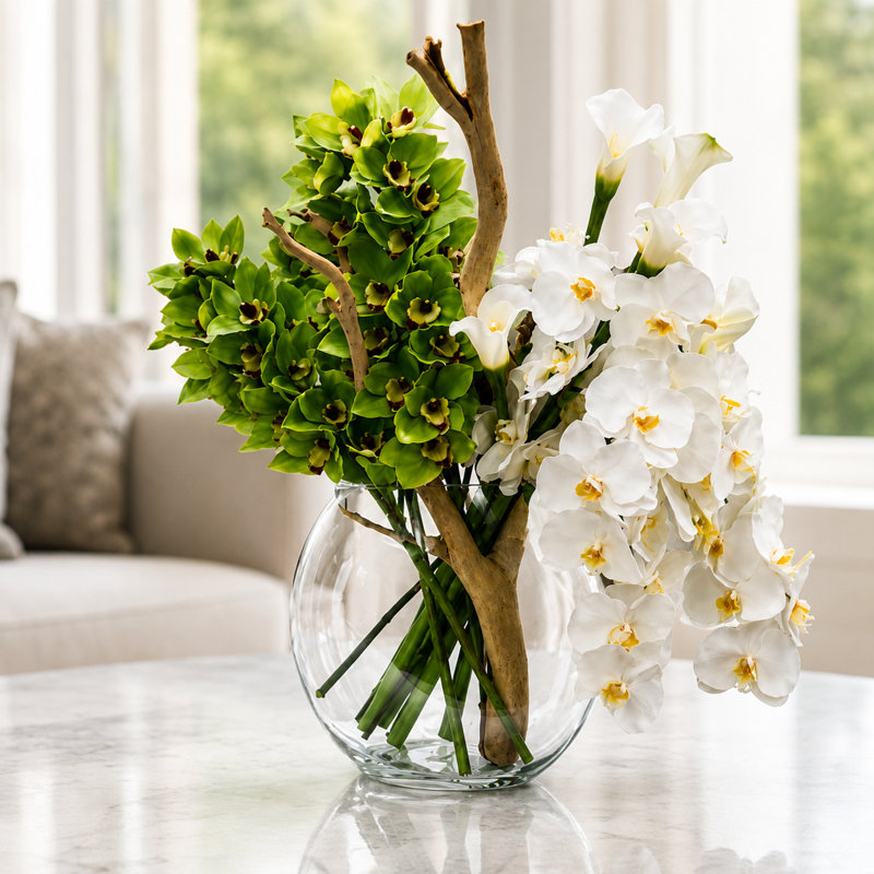Moon Glass Vase with Green Cymbidiums, White Orchids, Driftwood and Callas