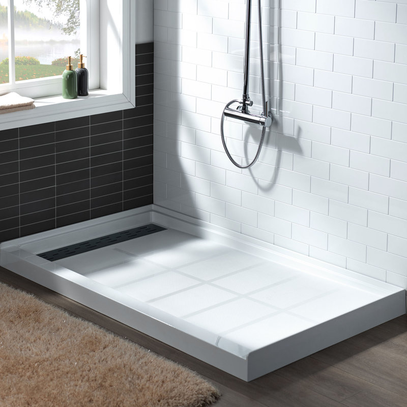 60" x 36" Solid Surface Single Threshold Shower Pan Base with Drain Assembly & Drain Cover Included, Non-Slip, Left