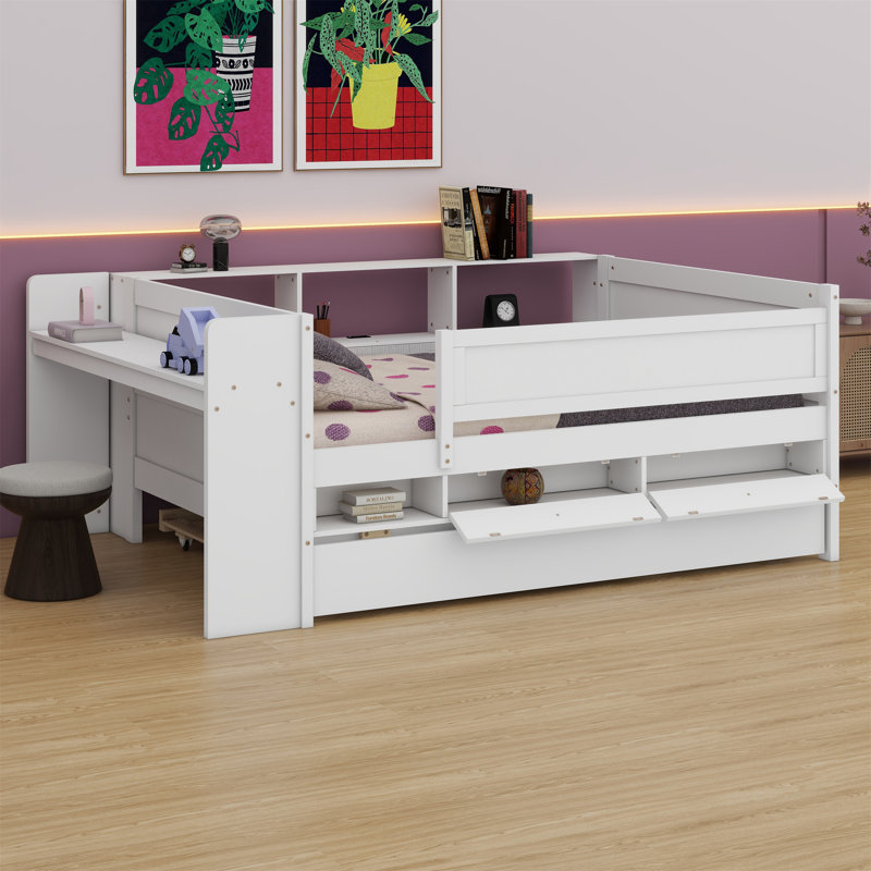 Lit de jour avec lit gigogne, tablettes et tables, station de charge USB, Blanc