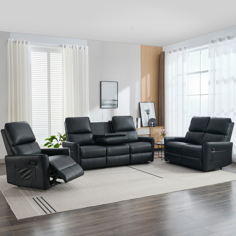 Elizabete Vegan Leather Reclining Living Room Sets, Black