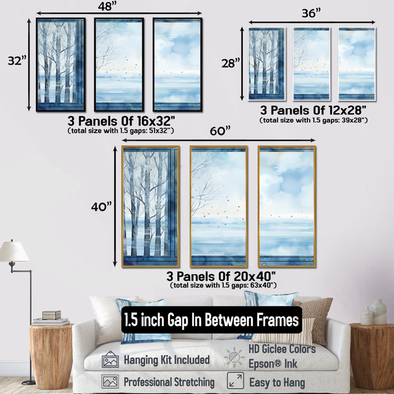 «White and Blue Winter Forest Collage VII - Winter Landscape», art mural, Cadre flottant doré, H 28 po x l 36 po x P 1 po