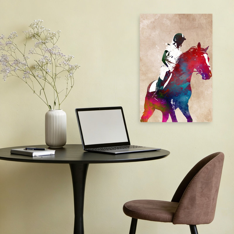 Aquarelle, cheval, cavalier, art mural contemporain, 24" H x 16" W