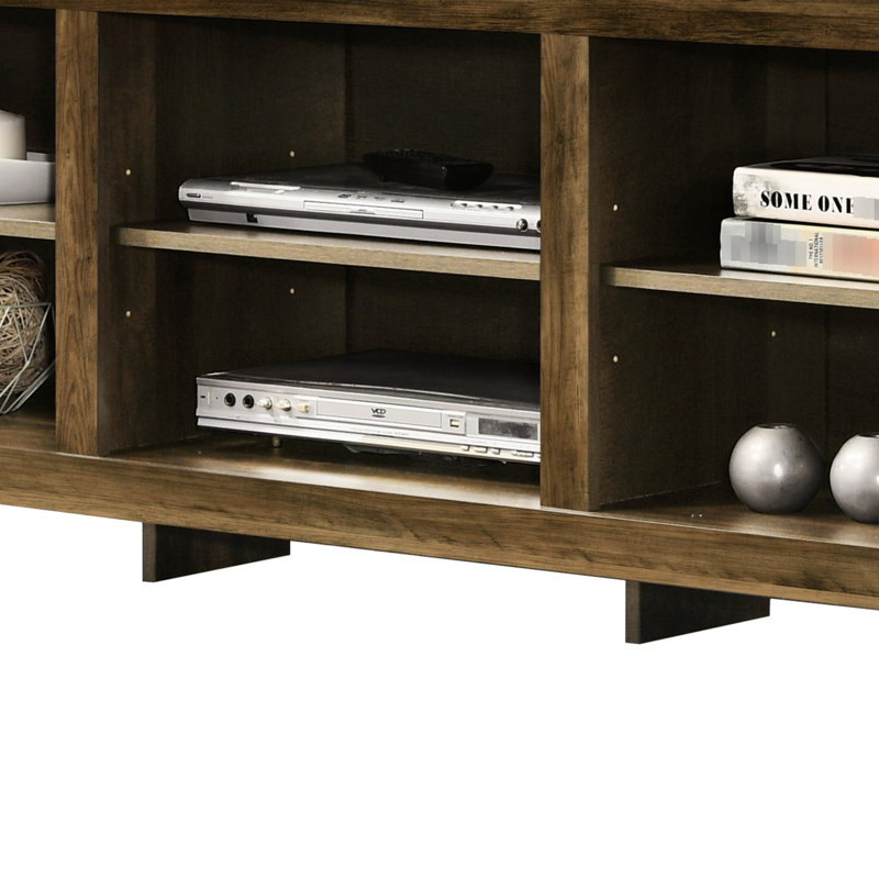 Console de 70 po de largeur avec tablettes ouvertes et gestion des câbles, pour téléviseurs de 60 à 69 po, support pour câbles couleur chêne en chêne