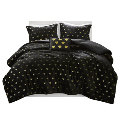 4 Pcs Black/Gold Metallic Heart Ultra Soft Microlight Comforter , Machine Washable, , - Labeled, , Microfiber Reverse, Filling Printed Proof, Washable Fabric,