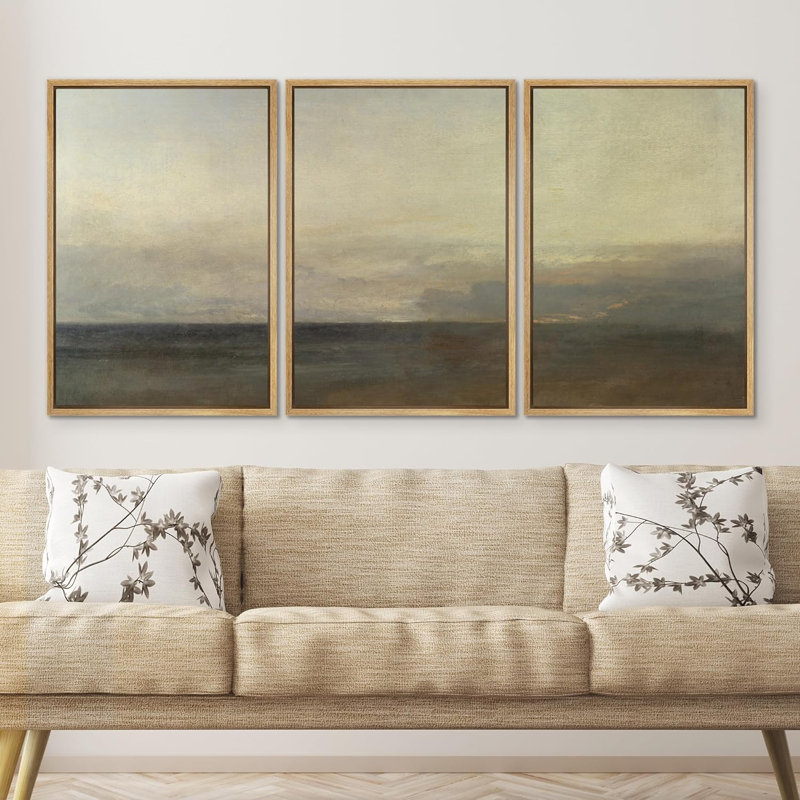«Minimal Landscape», Moody Coastal Beach, paysage marin, impression sur toile encadrée, 3 pièces, H 36 po x l 72 po, Naturel