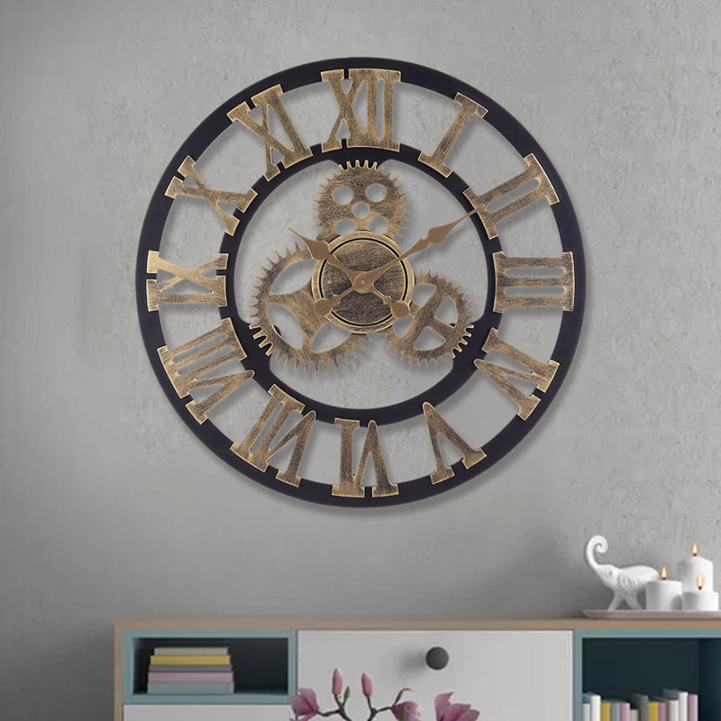Abrahams 58cm Industrial Large Retro Silent Wall Clock for Home Decor, Gold