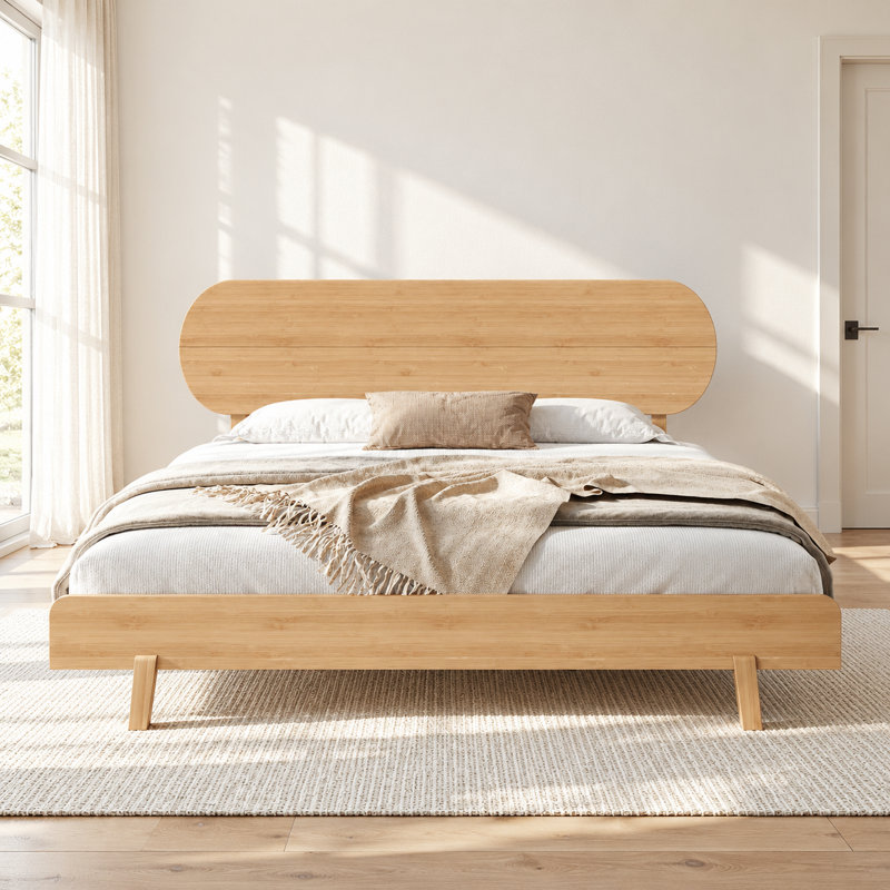 King Size Bamboo Platform Bed with Round Headboard and Low-Profile Footboard, Solid Bamboo Bed Frame with Recessed Support Structure