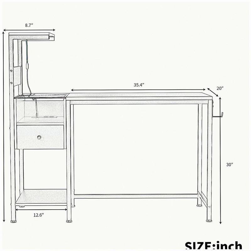 Un bureau d'ordinateur avec prise de courant et tablettes de rangement, un bureau d'écriture avec station de chargement par port USB, espace de travail pour PC