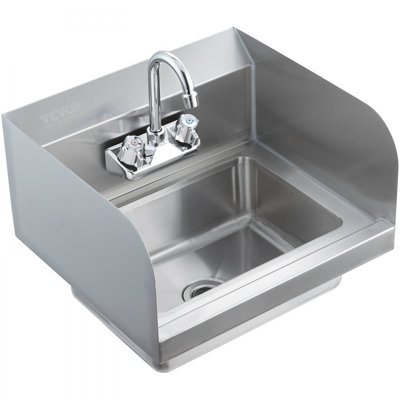 Commercial Hand Sink with Faucet and Side Splash, Stainless Steel Sink for Washing, Small Hand Washing Sink, Wall Mount Hand Basin for Restaurant, Kitchen, Bar, Garage and Home, 17x12.8 inch