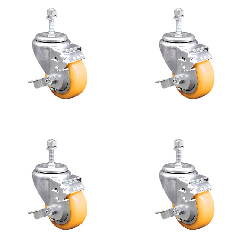 3.5 Inch_Polyurethane Swivel 3/8 Inch Threaded Stem Caster Set with Brake, Yellow