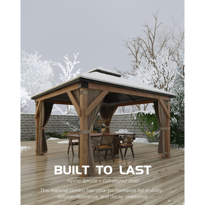 Abri de jardin en bois dur 10 pi x 10 pi pour tous les temps, avec double toit en métal, structure en bois robuste, filet et rideau, bâtiment permanent pour patio, terrasse, cour, jardin et jardin