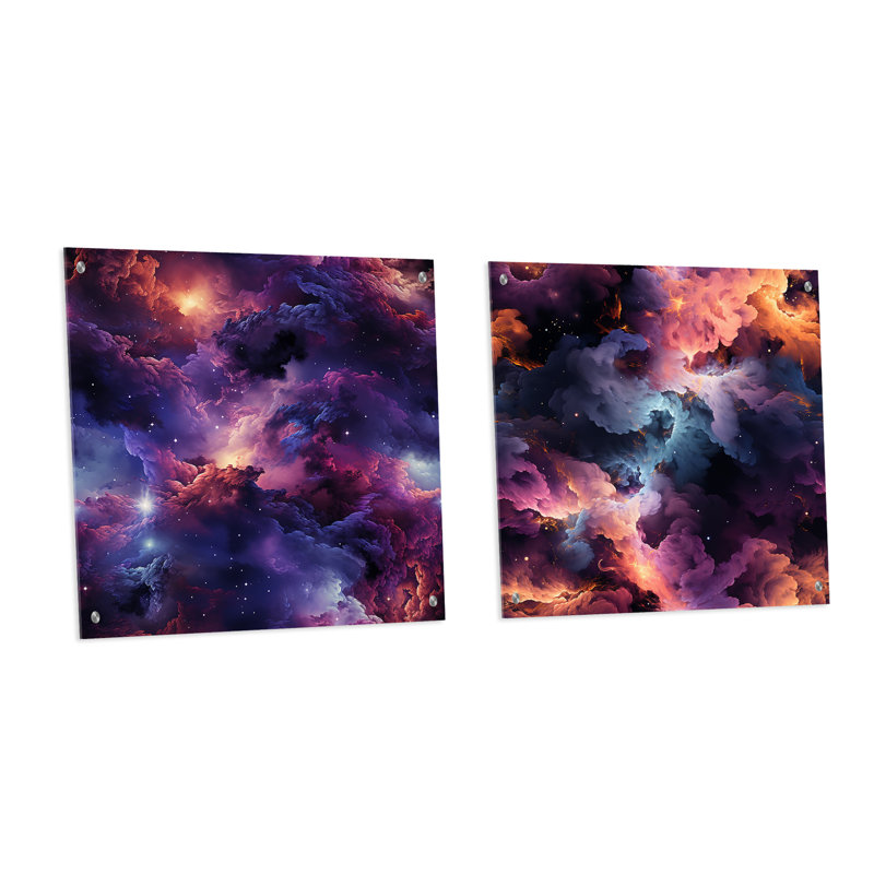 «Enchanted Nebula Moody» - Ensemble de 2 peintures murales abstraites en acrylique, H 30 po x l 61 po