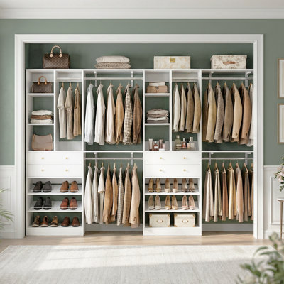 Welles 117.8" Closet System with Wood Drawers, Shoe Racks, Hanging Rods