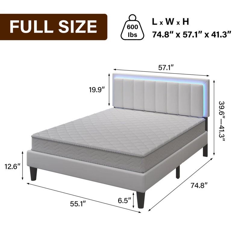 Smart LED Leather Platform Bed with 2-Piece Modern Floating Nightstand Set – 3-Piece Bedroom Suite, Full, White