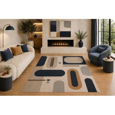 Tapis moderne ultra-léger 5 pi x 7 pi «Ultra Léger» beige brun clair et noir à motif abstrait en arc et cercle