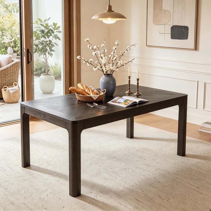 Rectangular Dining Table with Parquet-Style Top, Rounded Corners, and Adjustable Feet for Modern Interiors
