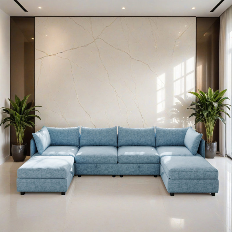 Canapé-lit modulaire 6 pièces pour salon, Chenille bleu antique