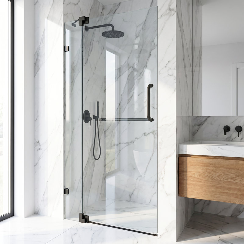 Porte de douche pivotante sans cadre avec verre transparent 3/8 po Pirouette l 30-36 po x H 72 po, Nickel brossé