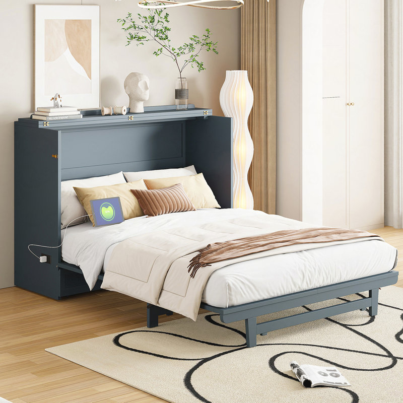 Lit escamotable avec grand tiroir, ports USB et prises de courant, gris, Double
