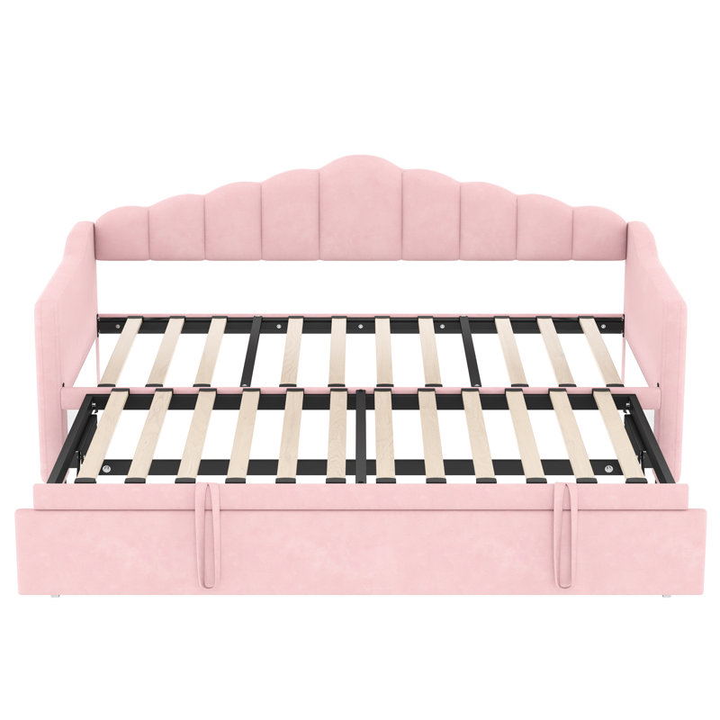 Lit de jour simple rose rembourré en velours doux, avec couchette escamotable, et type - C de charge, et poches latérales pour livres